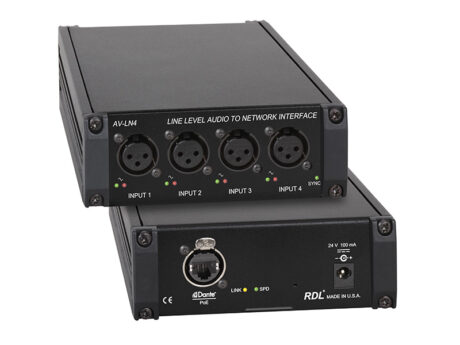 Dante interface that converts four line-level XLR inputs to network audio channels.